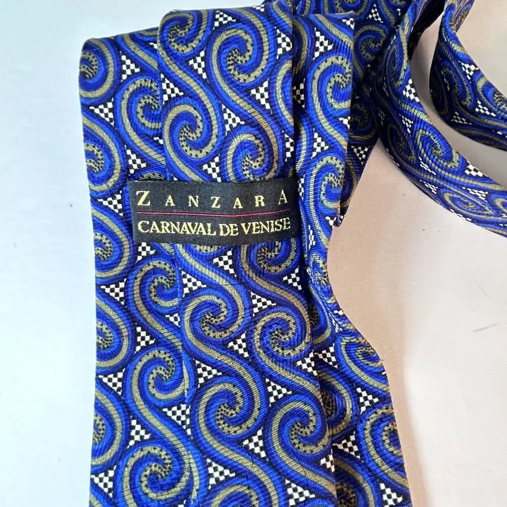 ZanZara Men's Blue Black Mosaic Wave Print 100% Silk Tie